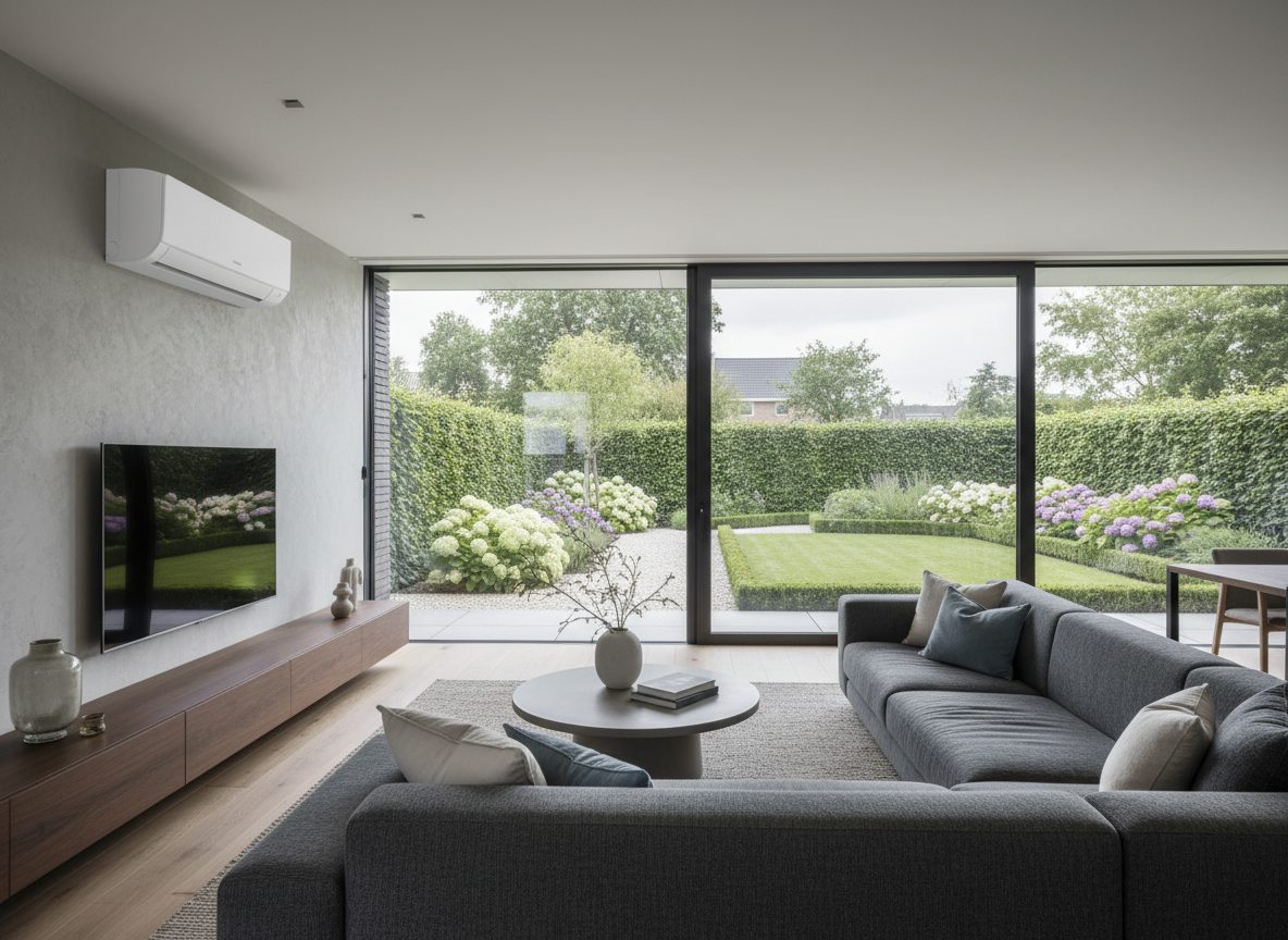 Airconditioning installatie bij bakstenen woning in Vlaanderen