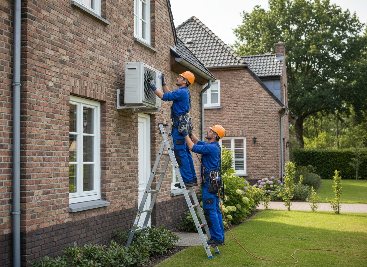 Airconditioning installatie bij bakstenen woning in Vlaanderen