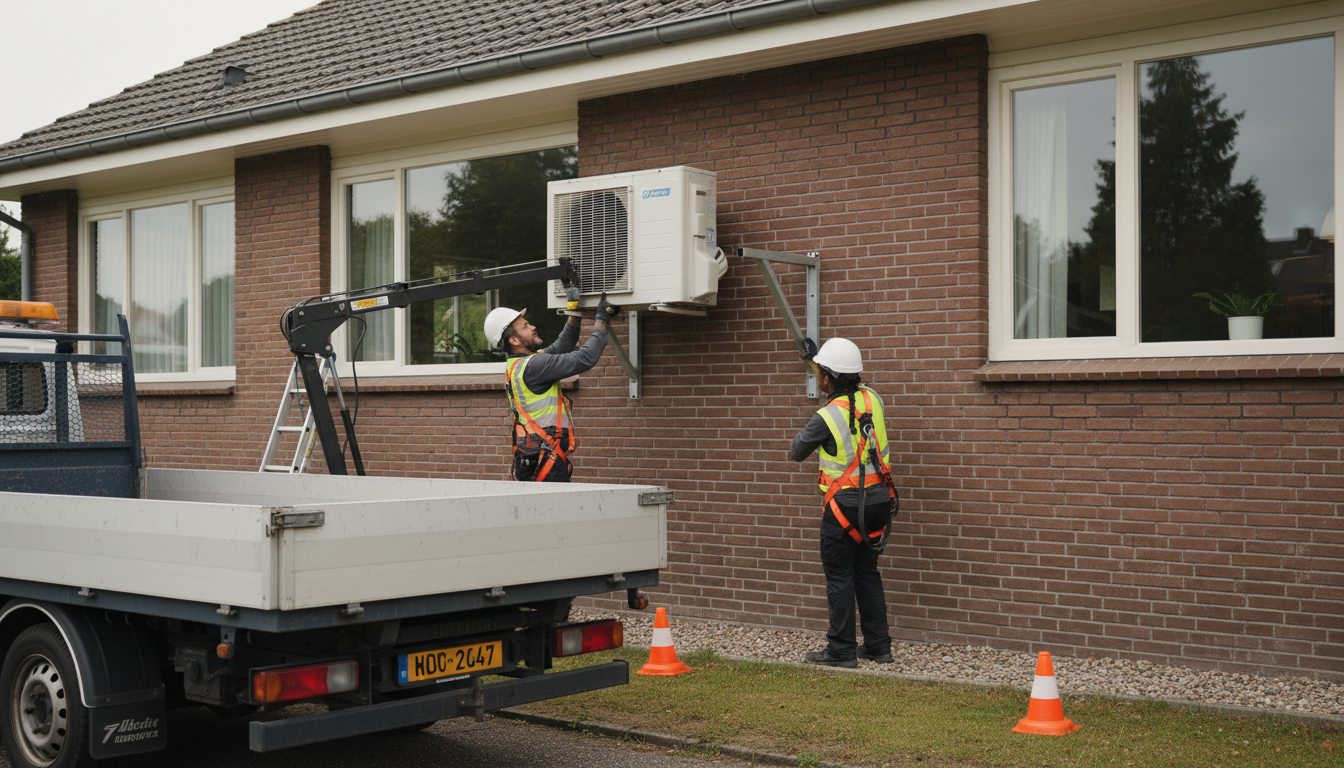 Airconditioning installatie bij bakstenen woning in Vlaanderen