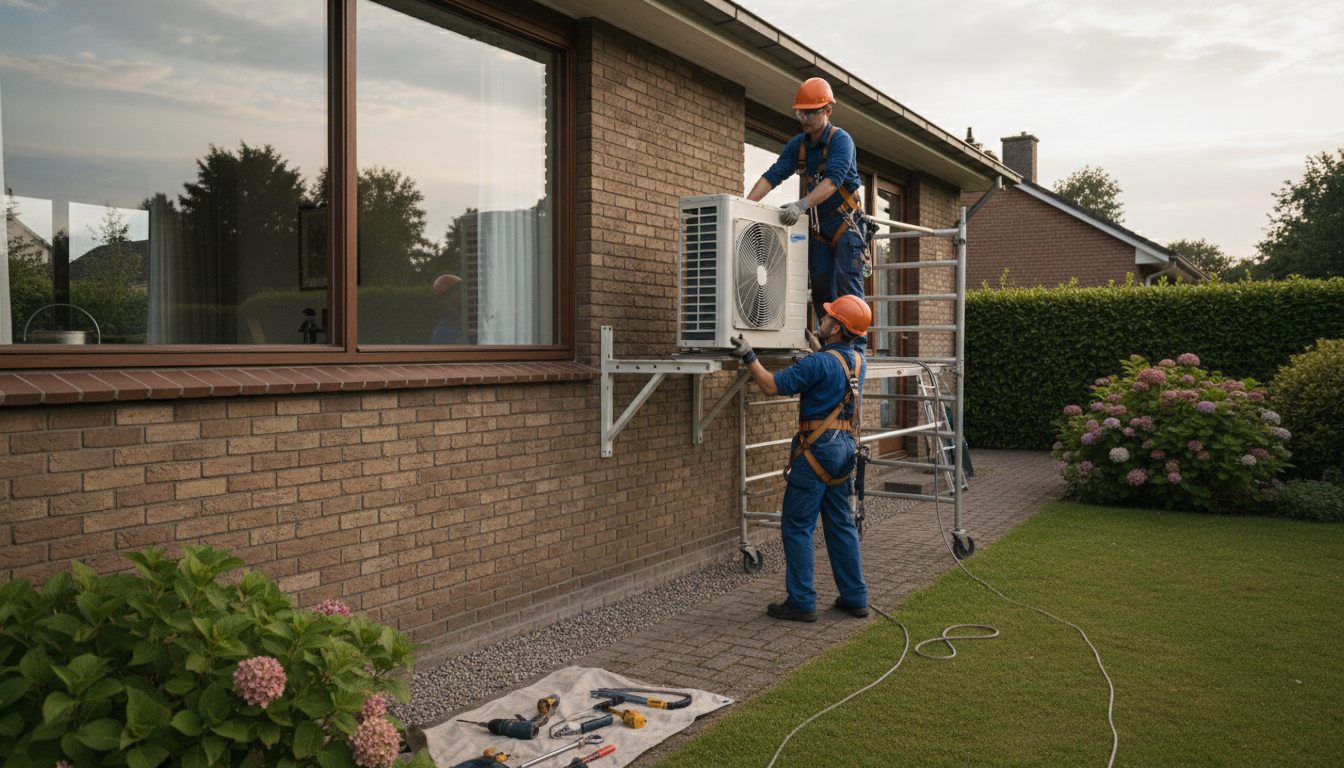 Airconditioning installatie bij bakstenen woning in Vlaanderen