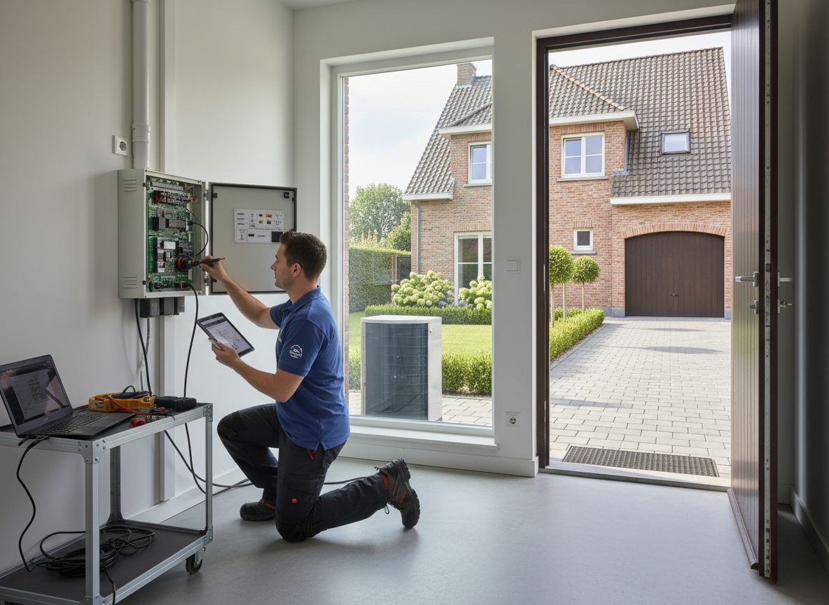 Airconditioning installatie bij bakstenen woning in Vlaanderen