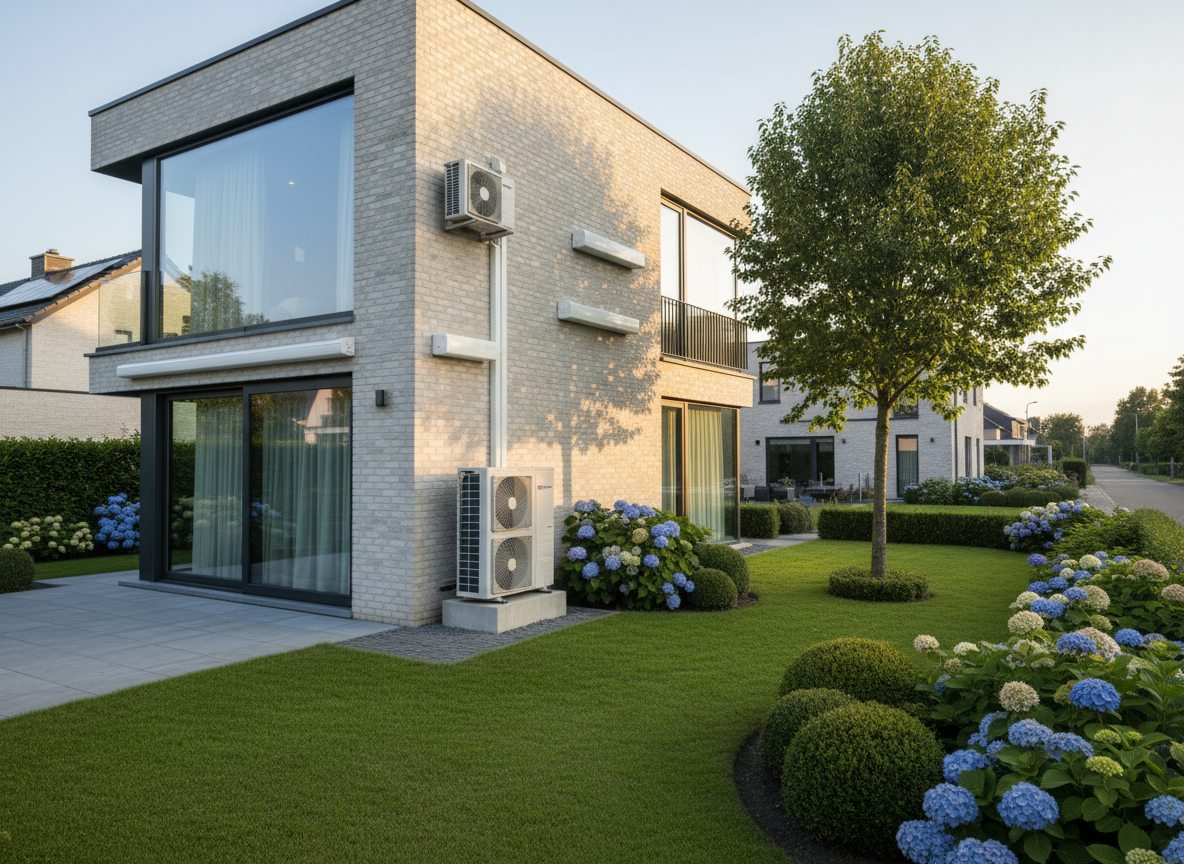 Airconditioning installatie bij bakstenen woning in Vlaanderen